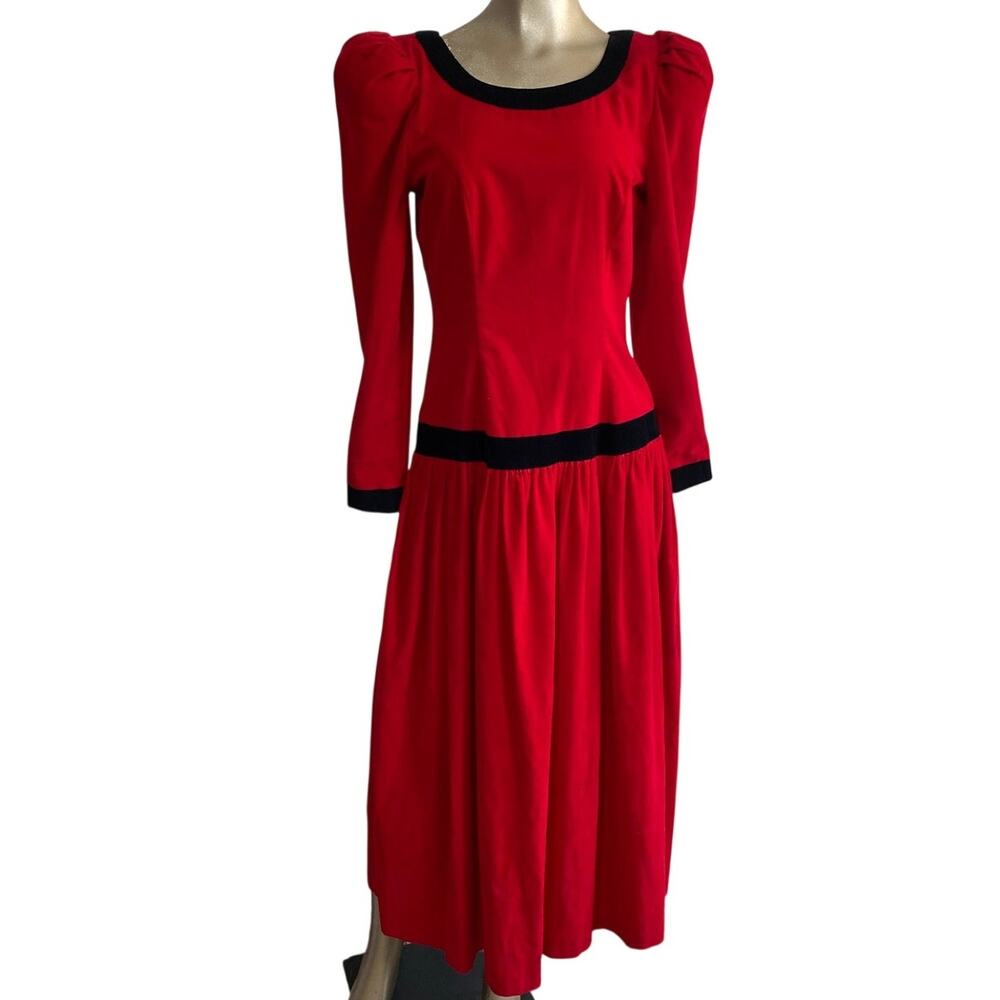 Vintage Leslie Lucks Red Corduroy Puff Sleeve Midi Dress Black Velvet Trim Size8